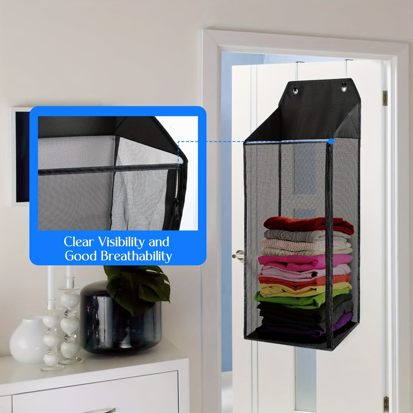 Foldable Hanging Laundry Hamper with Hooks Zipper Mesh for Bathroom Dorm Small Spaces