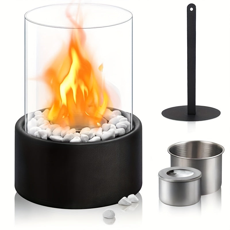 Portable Stainless Steel Tabletop Fireplace with White Stones and Windproof Glass