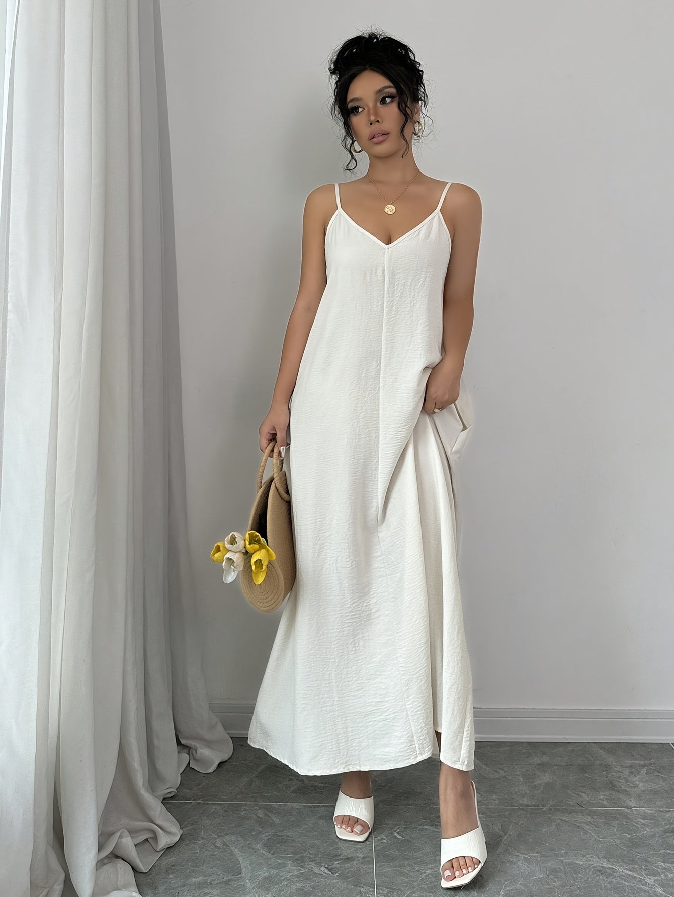White V-Neck Maxi Dress Solid Color Long Sleeve Summer Casual Slip Dress