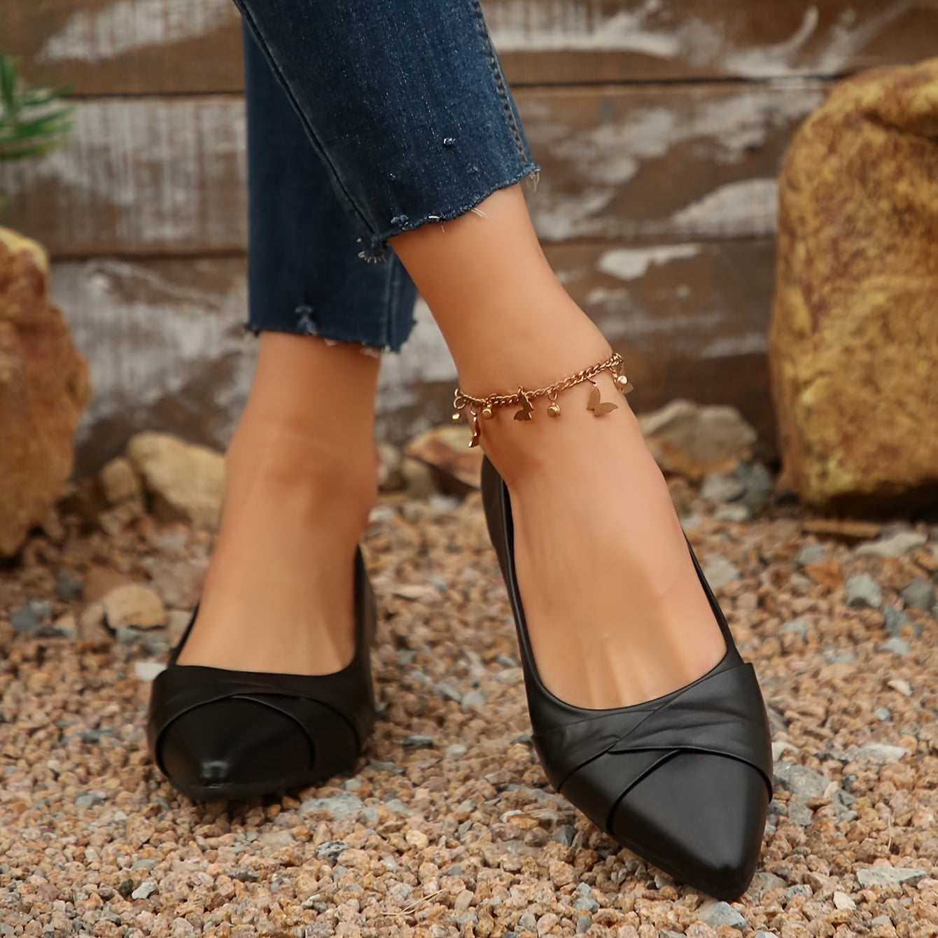 Ayollar uchun pointed toe flats slip-on balet poyabzali, bardoshli PU kauchuk taglik, qora va jigarrang, 36-42 o'lcham