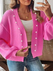 Plus Size Women's Pearl Embellished Open Front Cardigan Long Sleeve Pink Knitwear