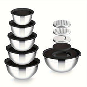 15-Piece Stainless Steel Mixing Bowls Set with Black Seal Covers and Grater Accessories