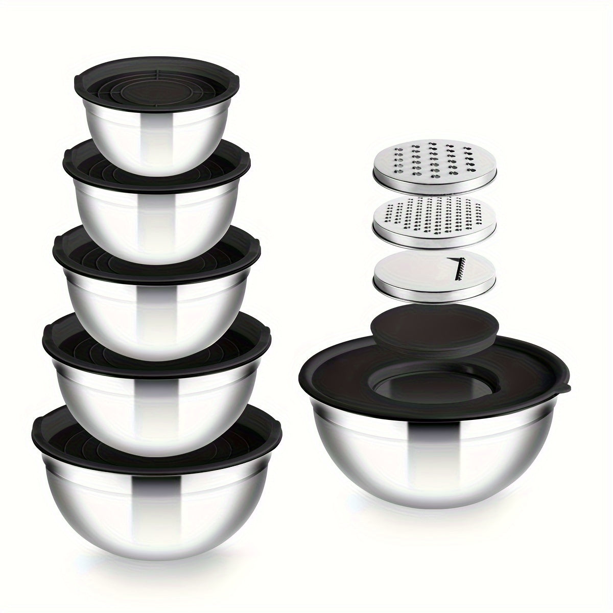 15-Piece Stainless Steel Mixing Bowls Set with Black Seal Covers and Grater Accessories