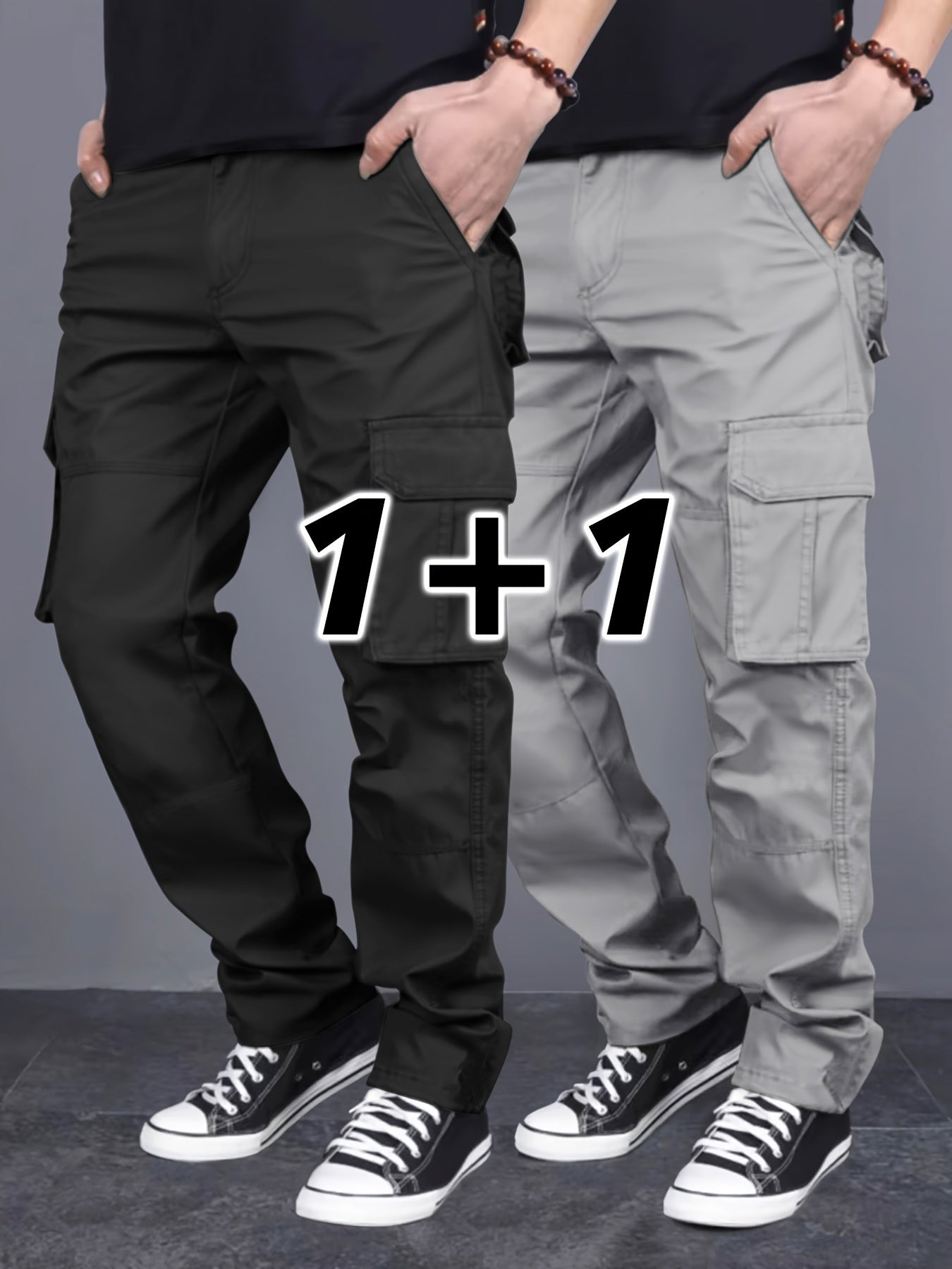 Men's 2-Pack Solid Color Cargo Pants with Pockets Regular Fit for Outdoor Activities