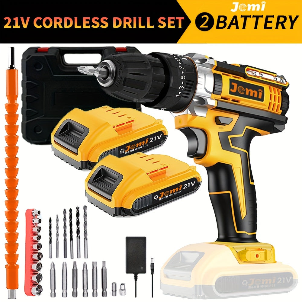 21V Cordless Drill Set with 23 Pieces 3/8 Inch Keyless Chuck 25+3 Clutch Max 45Nm