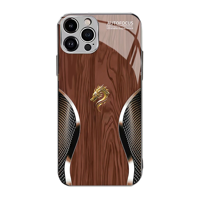 Wood Grain Dragon Pattern Phone Case for iPhone Models Tempered Glass Protective Cover