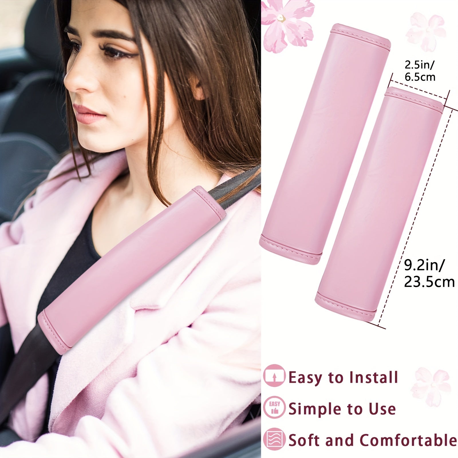 Conjunto de fundas de volante de cuero rosa para mujeres con fundas para cinturón de seguridad y bling