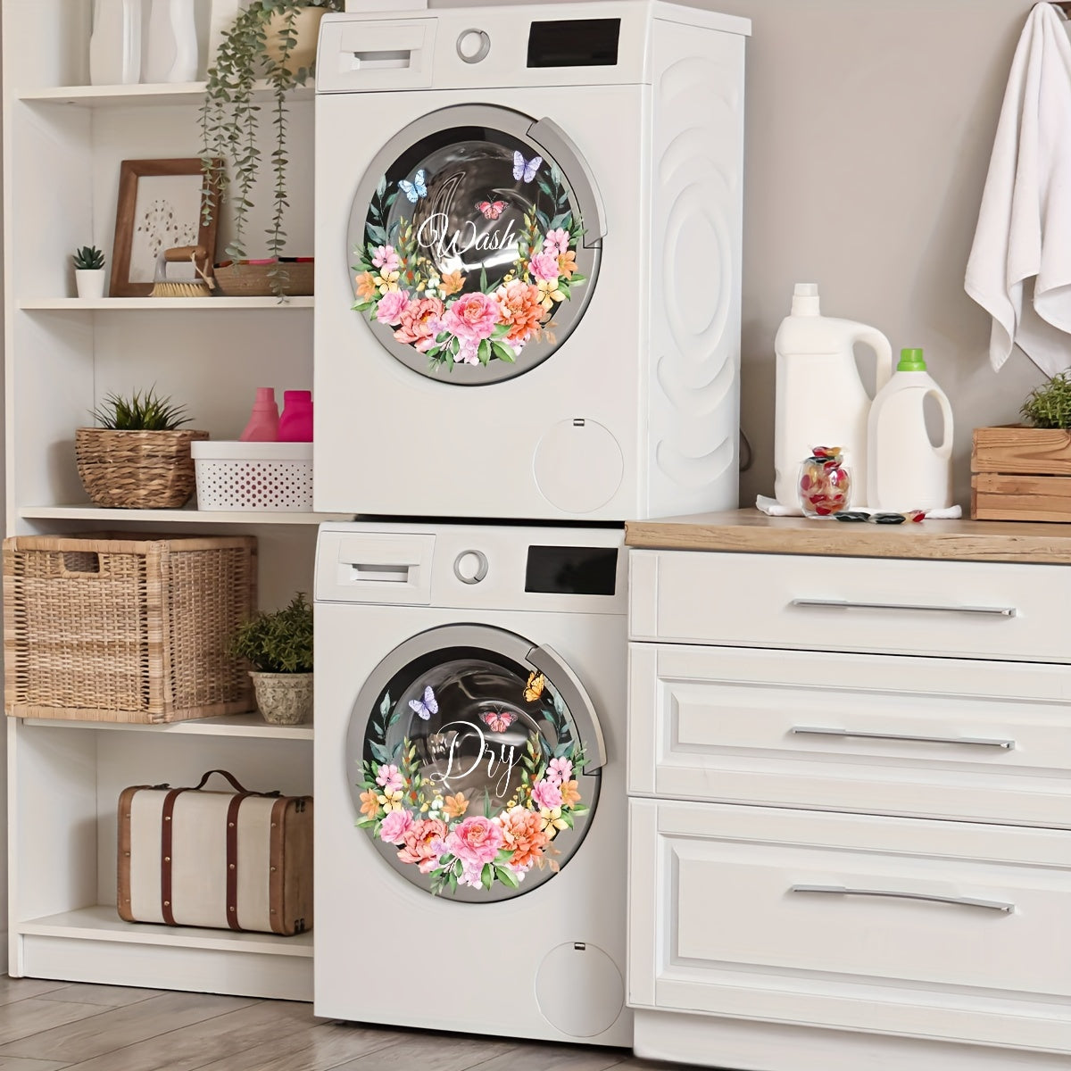 Set of 2 Flower Wash Dry Laundry Room Glass Window Stickers 30x30cm