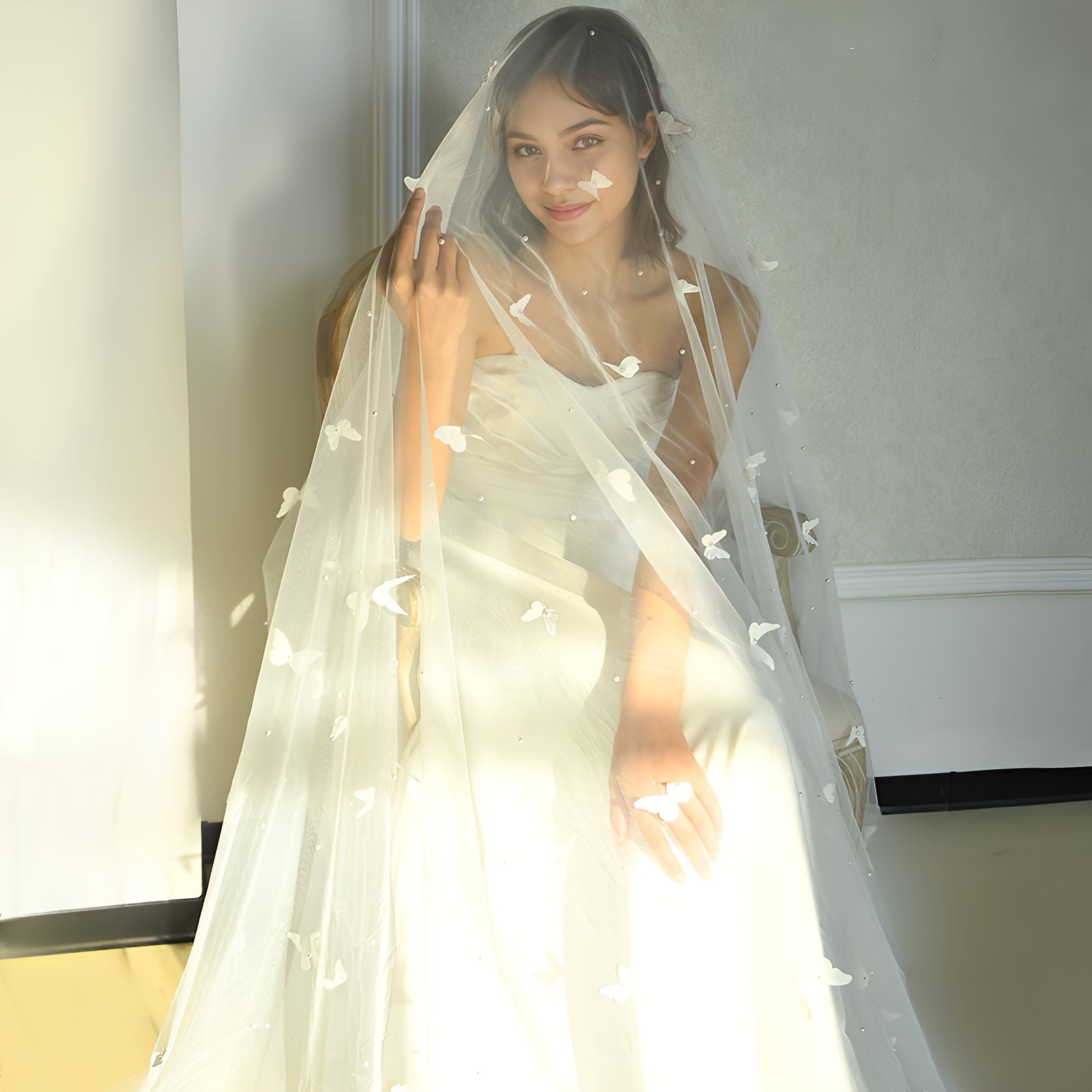 White Butterfly and Pearl Embellished Bridal Veil 3 Meters Nylon Wedding Accessory