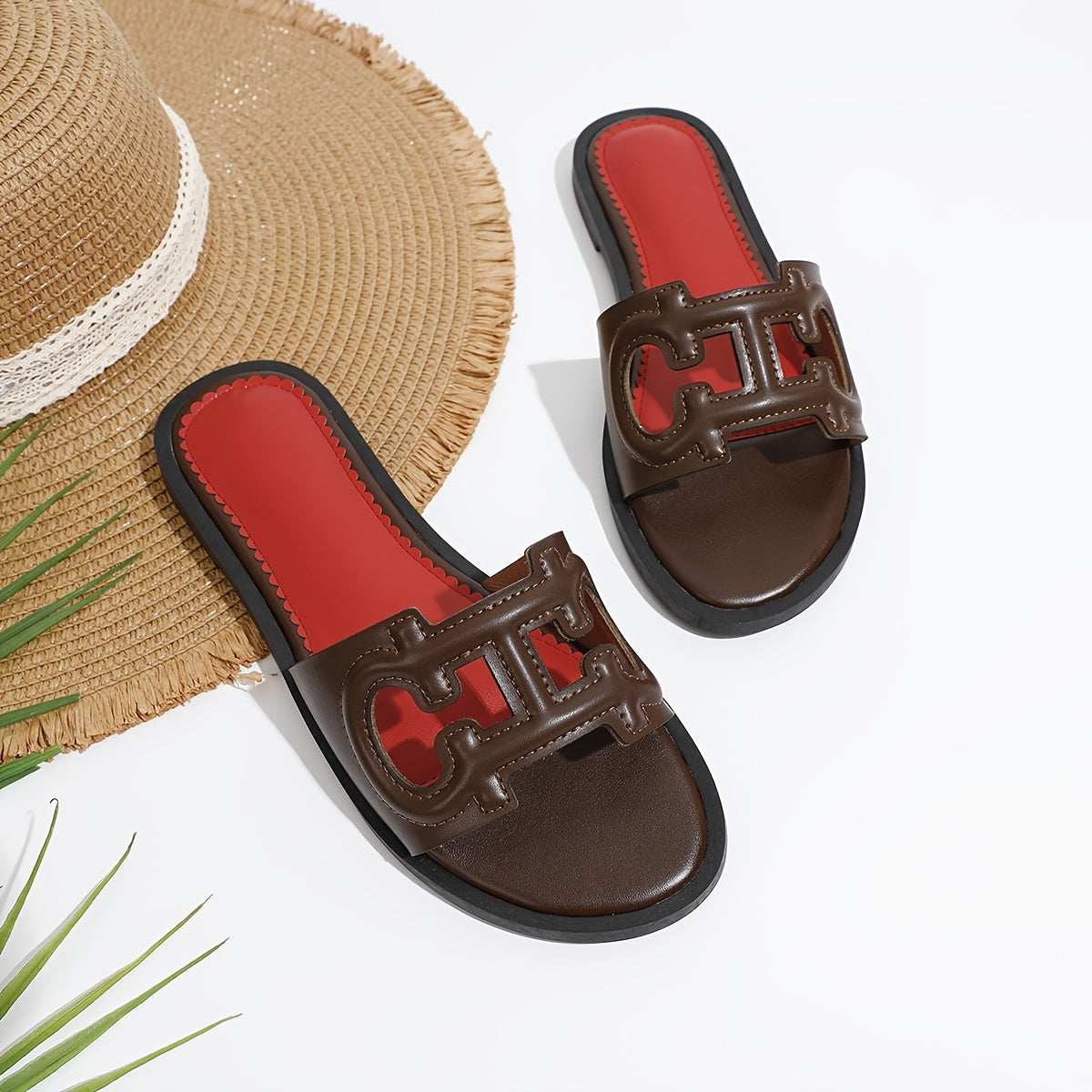 Women's Summer Slip-On Slippers Black PU Open-Toe Flat Casual