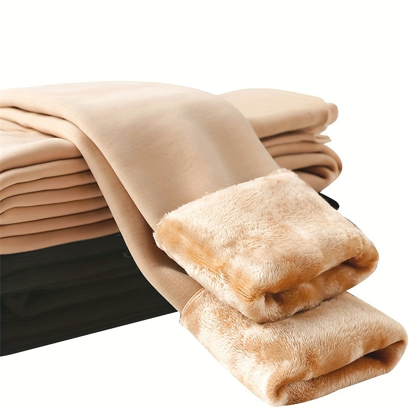 Leggings de terciopelo de perlas con forro de felpa para mujer, de color sólido, con tela de punto elástico y cálido