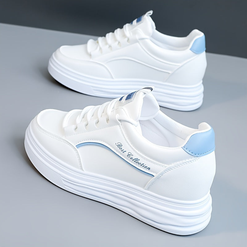 Women's White Lace-Up Sneakers with Thick Soles Water-Resistant Casual Shoes