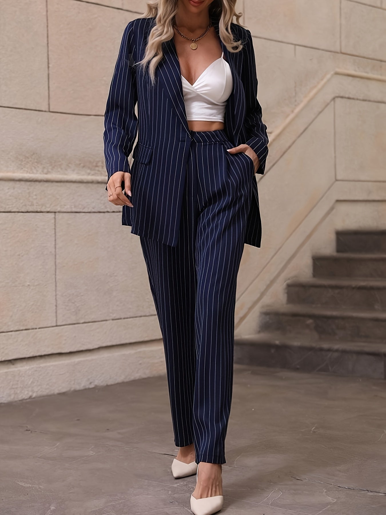 Women's Polyester Pinstripe Suit Set with Long Sleeve Blazer and Trousers for Spring Fall