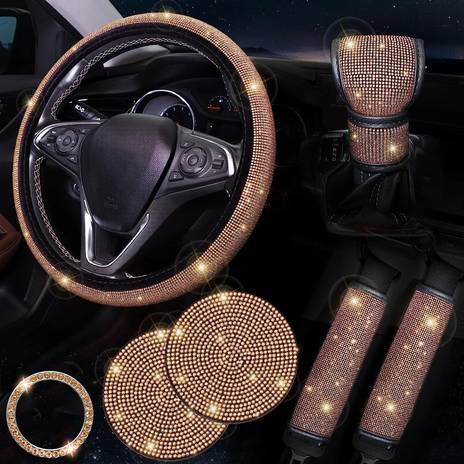 Juego de accesorios de coche con brillo para mujer: cubierta de volante, posavasos, protectores de cinturón, almohadillas para el hombro y cubierta de palanca de cambios
