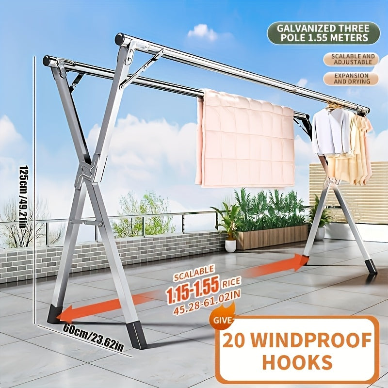 Foldable Metal Clothes Drying Rack with Adjustable Double Rods and Windproof Hooks