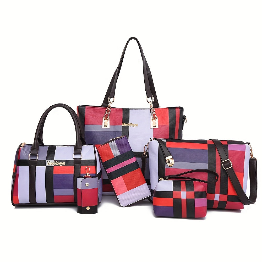 Checkered Faux Leather Handbag Set for Women with Tote Crossbody Shoulder Bags
