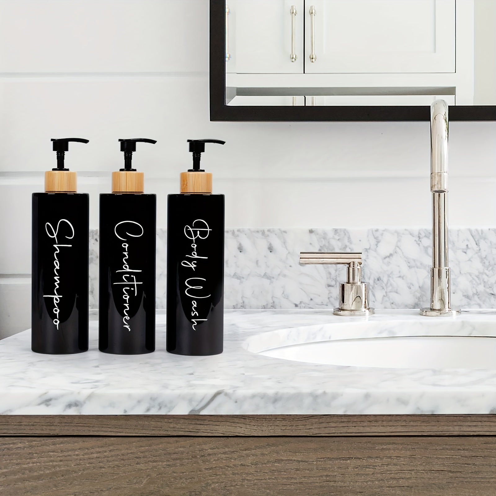3-Piece Black and White Shampoo and Conditioner Dispenser Set 27 oz Refillable Pump Bottles