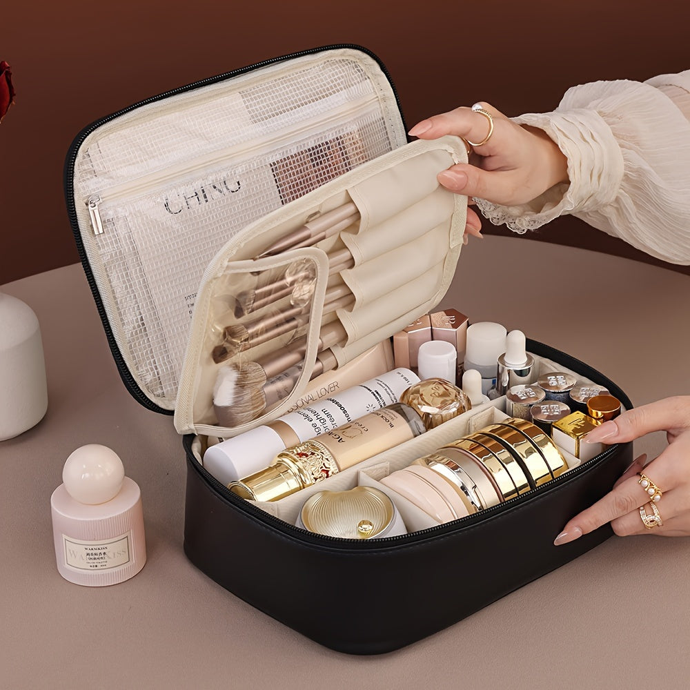 Bolsa de maquillaje impermeable unisex con compartimentos para cosméticos y artículos de aseo en beige y rosa