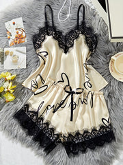 Women's Lace Letter Print Pajama Set with Spaghetti Strap Top and Bow-Decorated Shorts