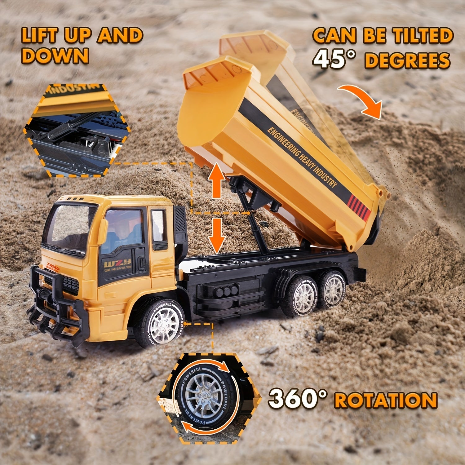 Kids RC Dump Truck Toy Car 2.4GHz Remote Control Light Sound Rechargeable Plastic Yellow