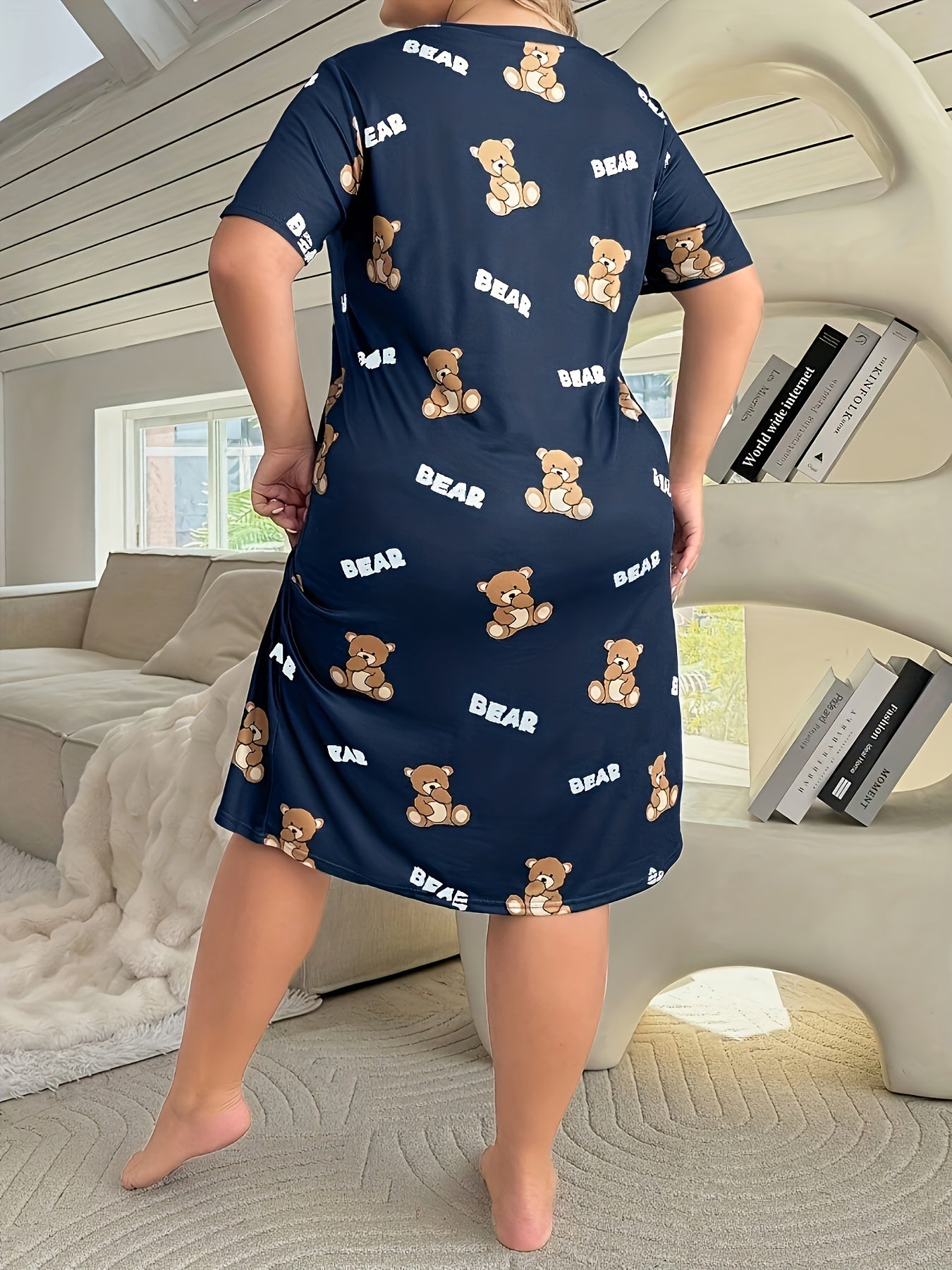 Women's Gray Cartoon Bear Print Sleepshirt Short Sleeve Nightgown