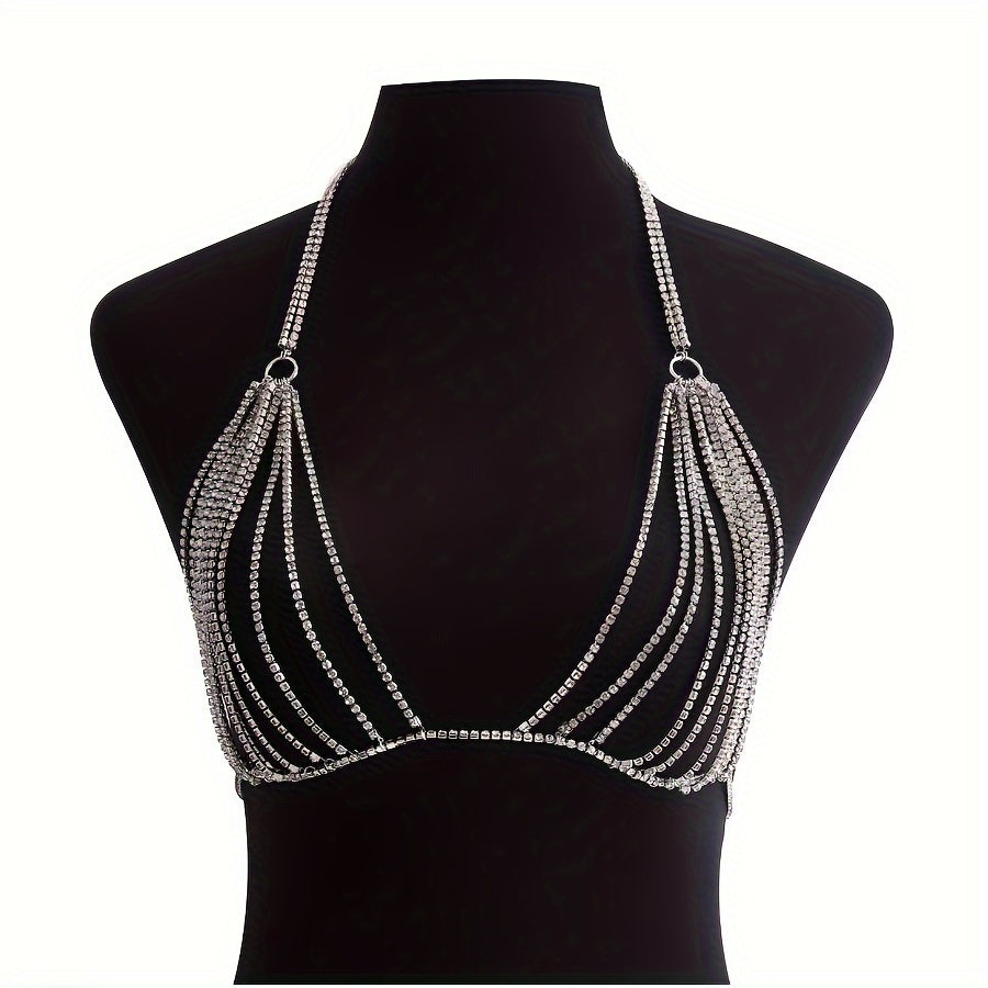 Sexy Crystal Body Chain Halter Neck Bikini Necklace for Vacation Party Wear