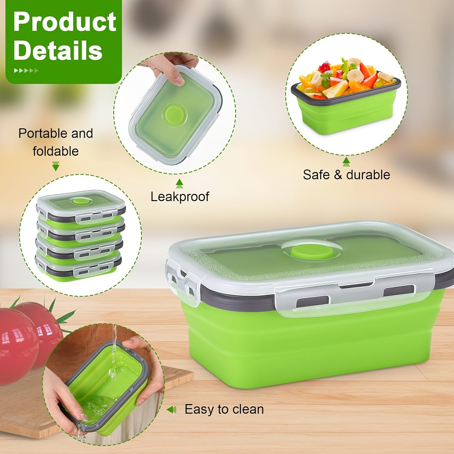 Set of Four Collapsible Silicone Food Storage Containers Stackable Meal Prep Bowls