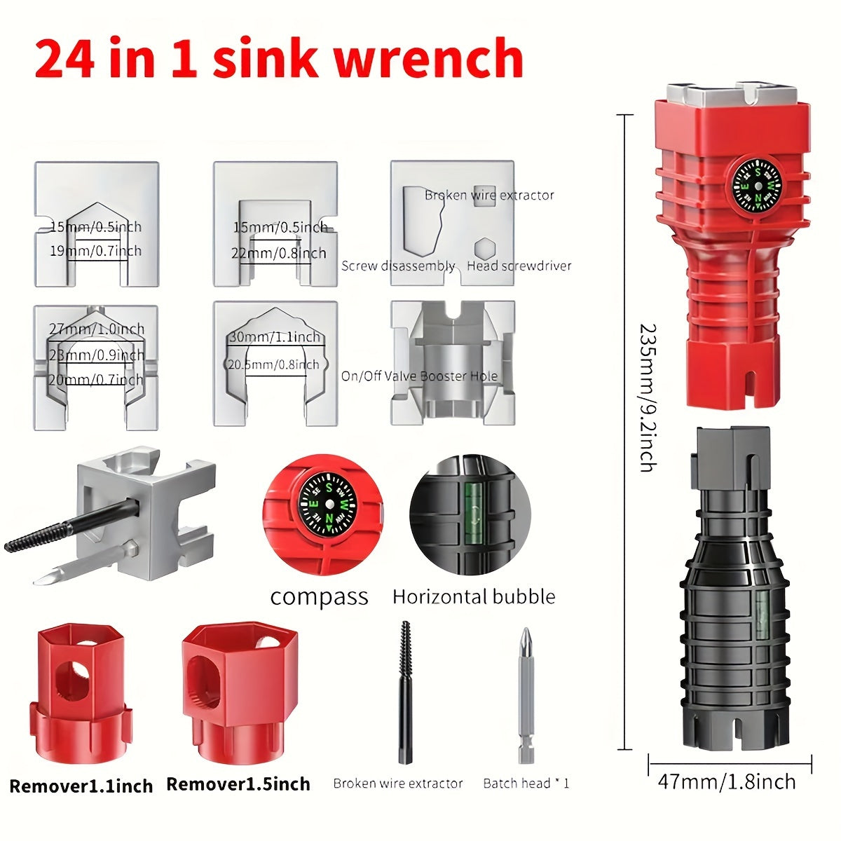24-In-1 Faucet Repair Tool Set Carbon Steel Red Black Kitchen Bathroom