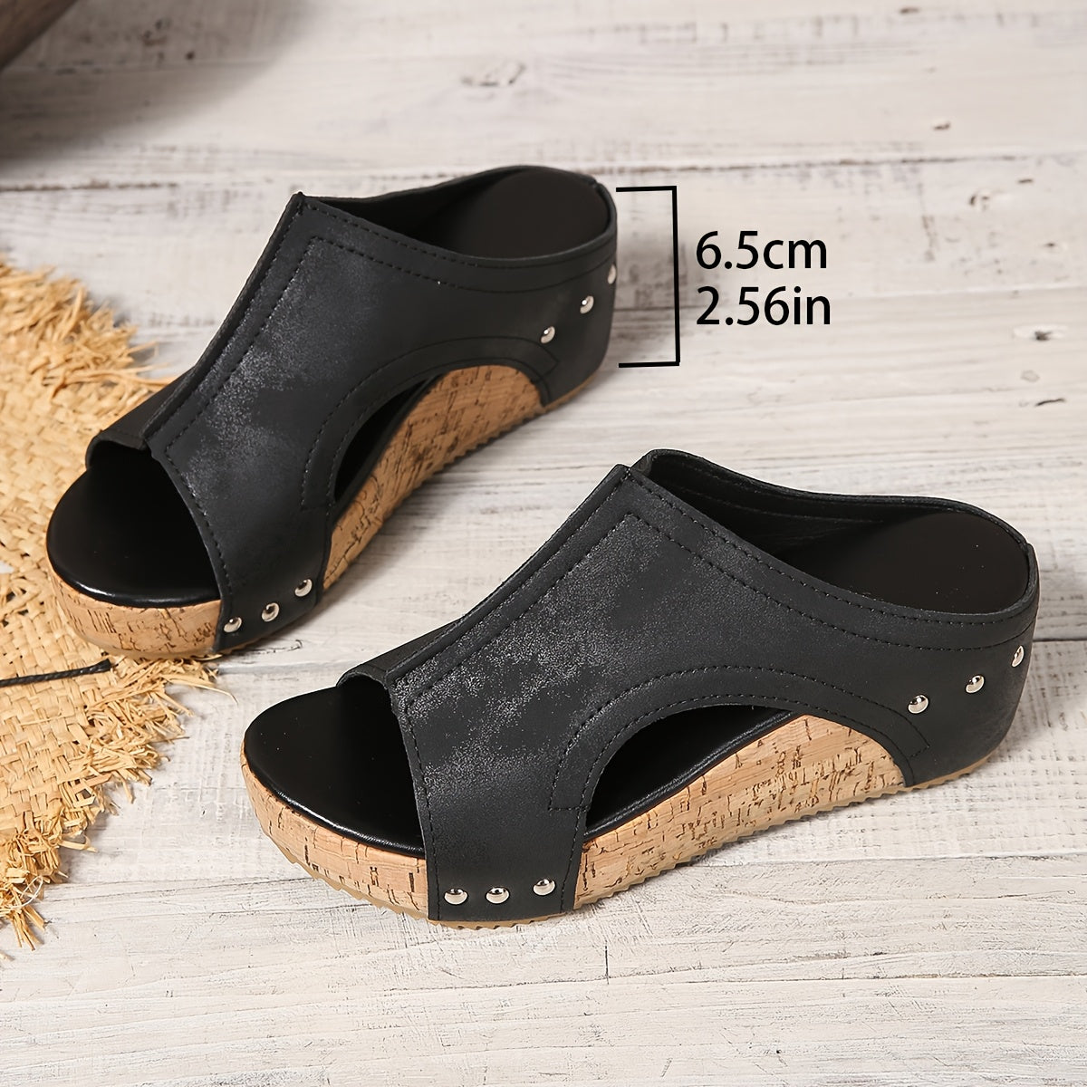 Women's Flat Heel Sandals Open Toe Slip-On Rivet Faux Leather Summer Shoes