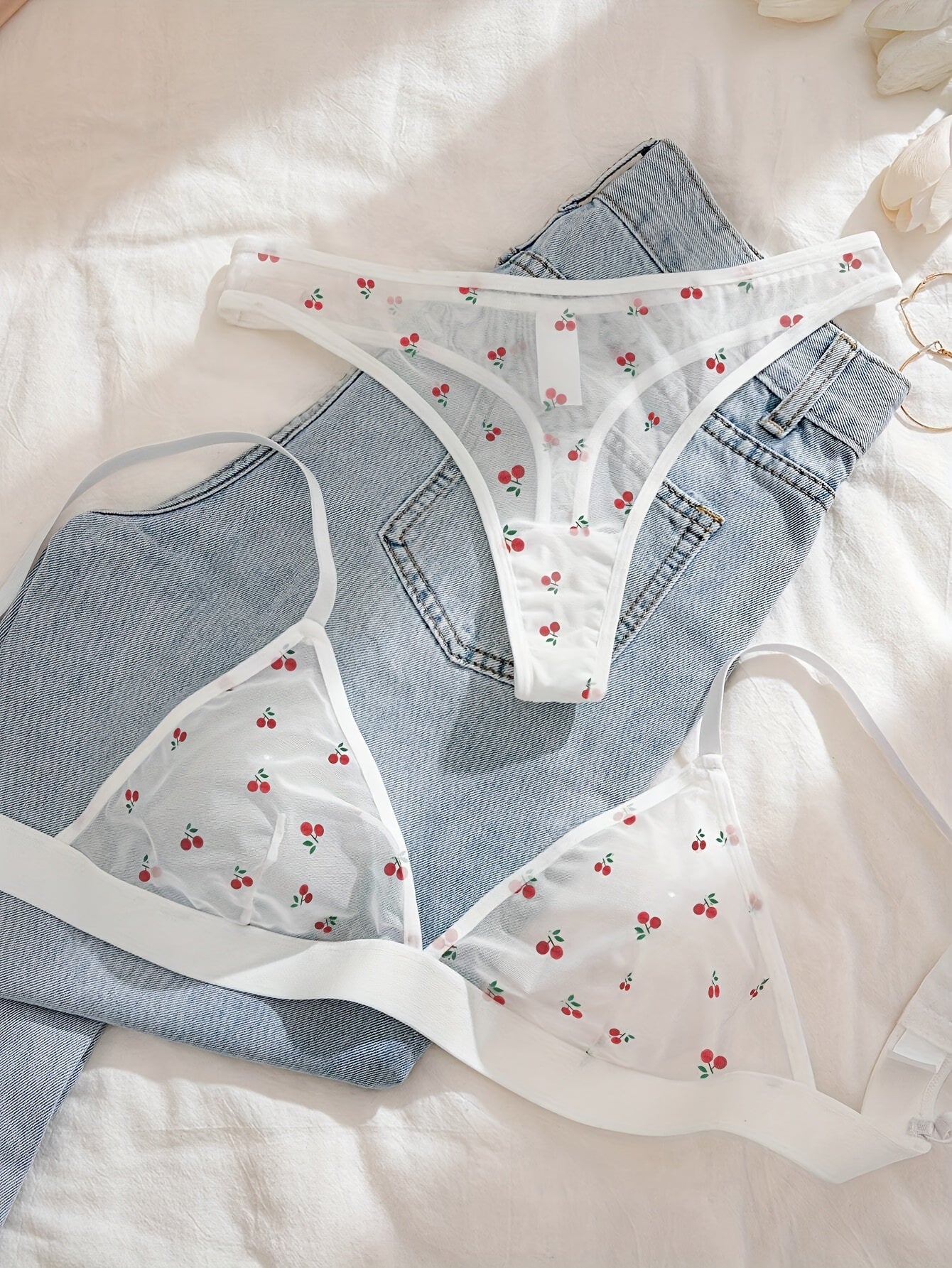 Mesh Printed Triangle Cup Lingerie Thong Set 2 Piece