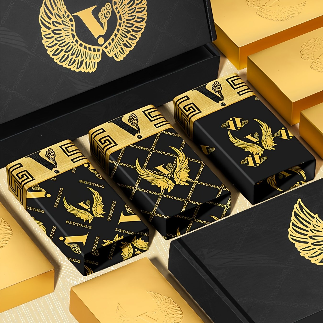 Qora Oltin Sovg'a Qutisi - 3-dona Erkaklar Oltin Qanot va Zanjir Printli Bokser Shortlar To'plami, Qulay va Hashamatli Ichki Kiym, Sovg'a sifatida mukammal