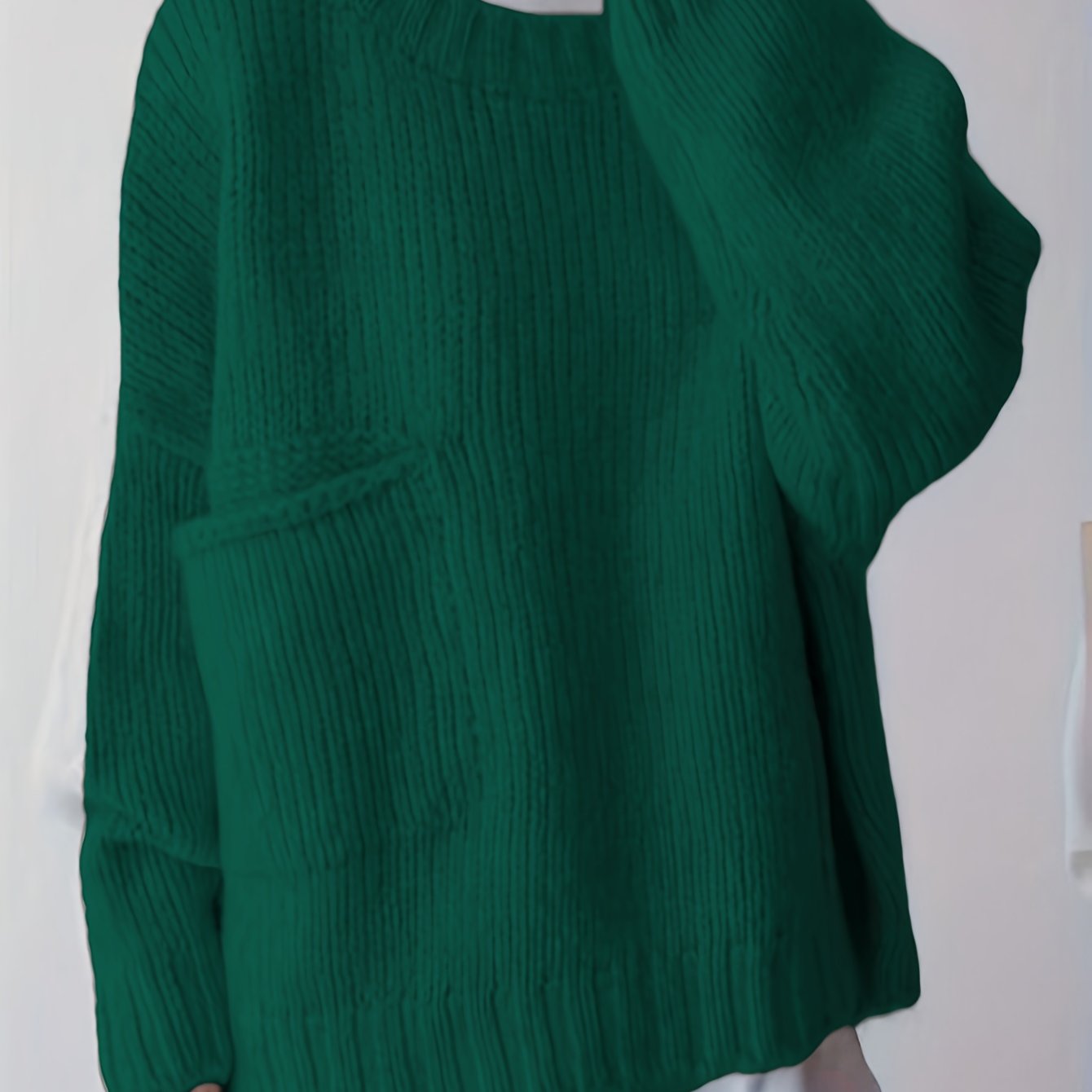 Suéter de punto verde de talla grande para mujer con bolsillos, cuello redondo, manga larga y cómodo