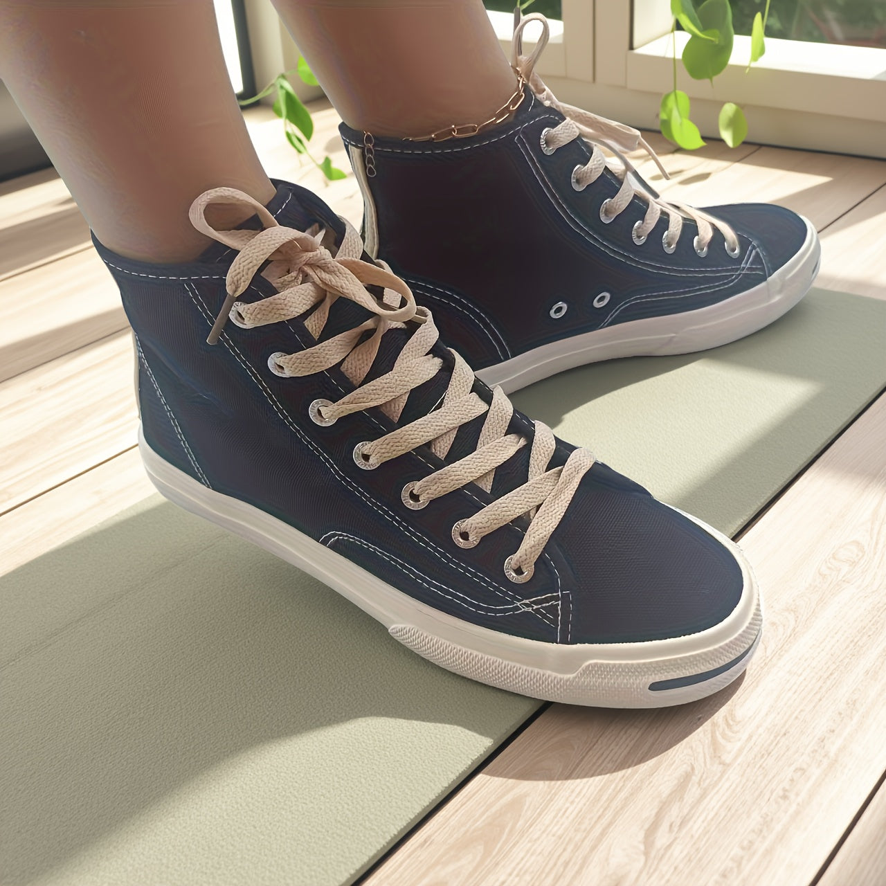 Unisex All-Season High-Top Sneakers Navy Blue Black Fabric Casual Shoes