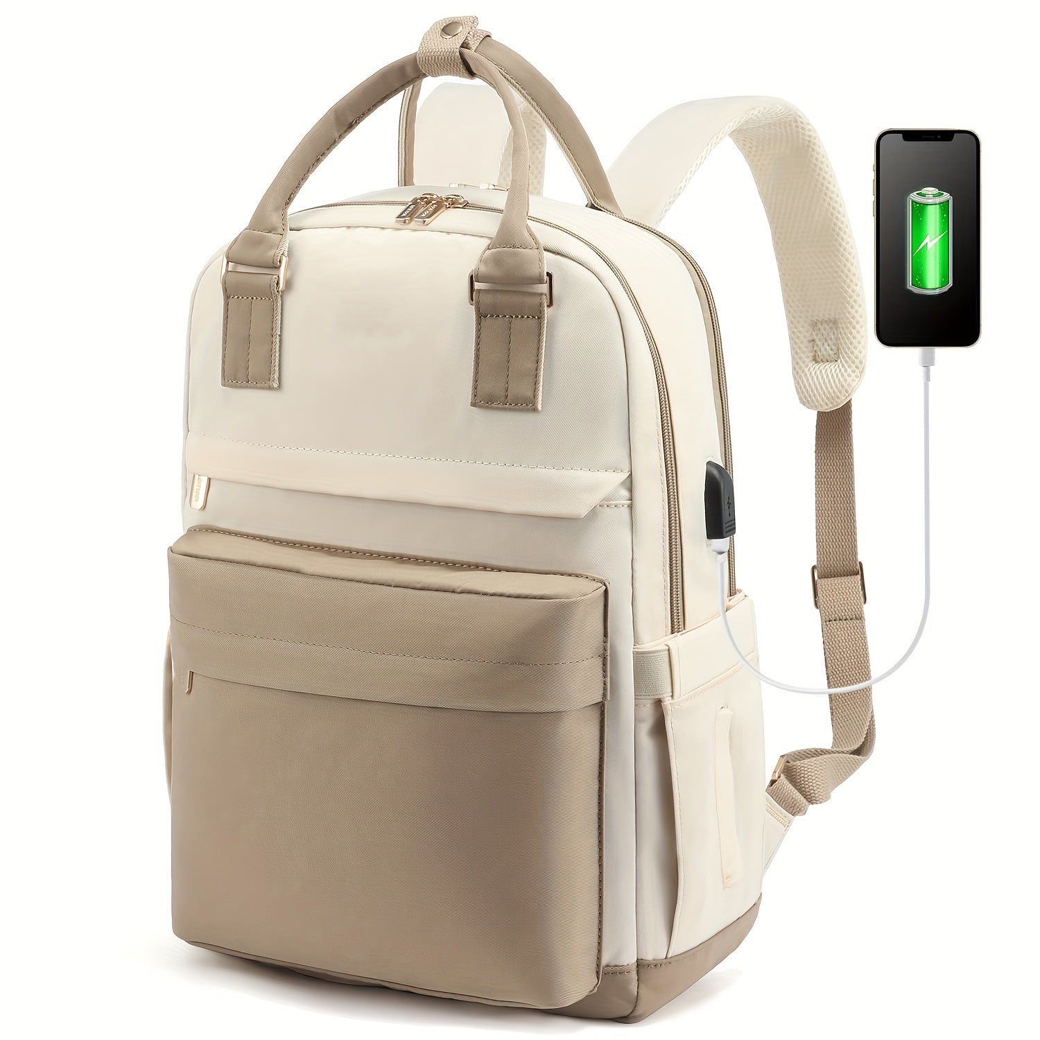 Large Capacity White Oxford Cloth Laptop Backpack with Zipper Closure and Side Pockets