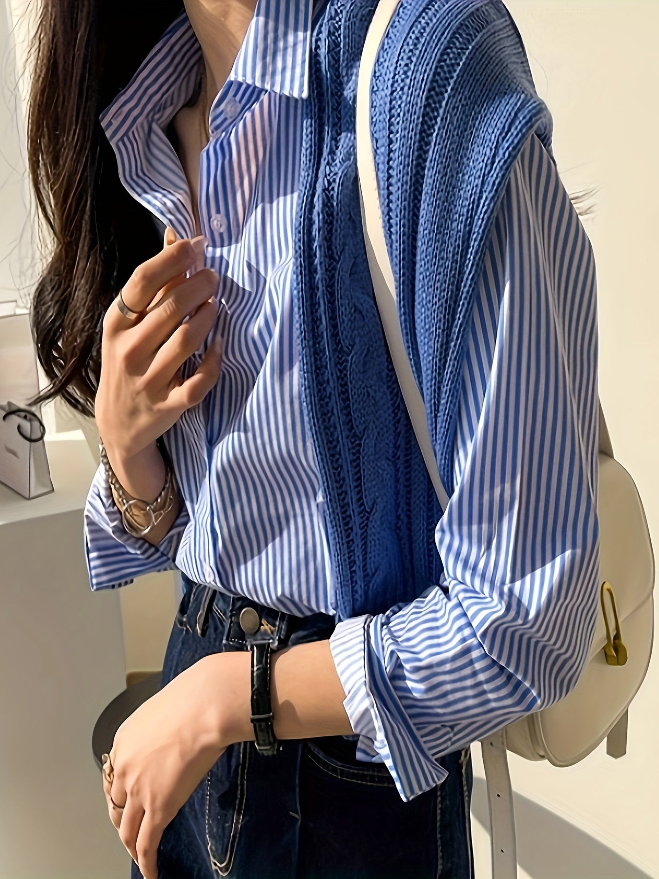 Women's Striped Button Front Long Sleeve Shirt for Spring and Fall