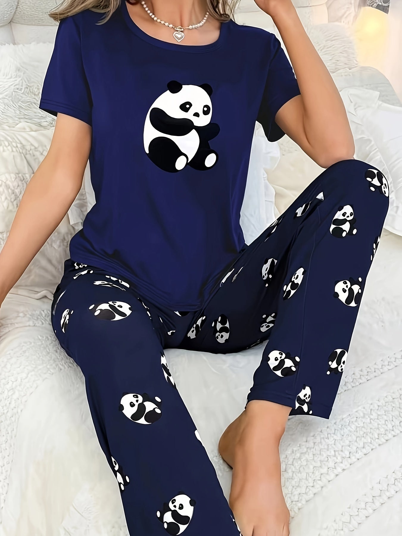 Adult Panda Print Pajama Set with Cartoon Pattern, 100% Polyester, Fall Casual Sleepwear