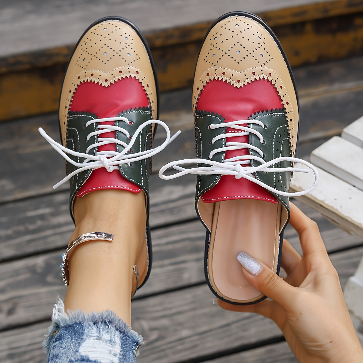 Women Flat Mules Slip-On Shoes Color-Block Comfortable Stylish