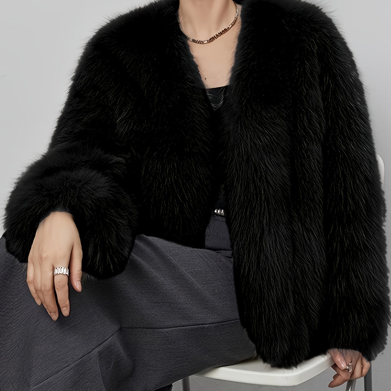 Women's Light Gray Faux Fur Coat with Fluffy Collar for Winter