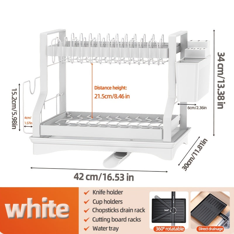 Estante de metal para platos con bandeja de drenaje, organizador de cocina de 2 niveles para platos, utensilios y tazas