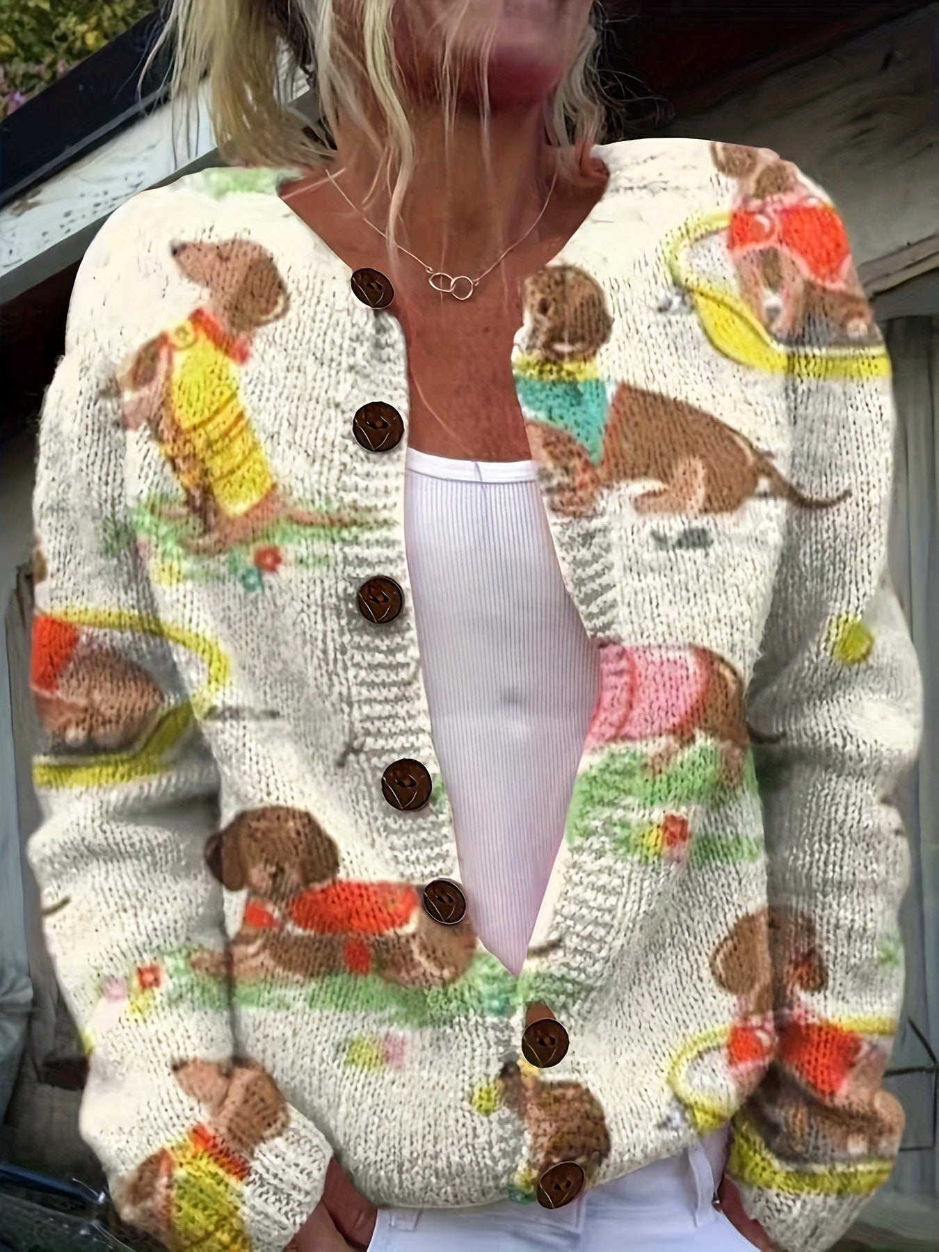 Women's Casual 3D Print Dachshund Cardigan Knit Sweater