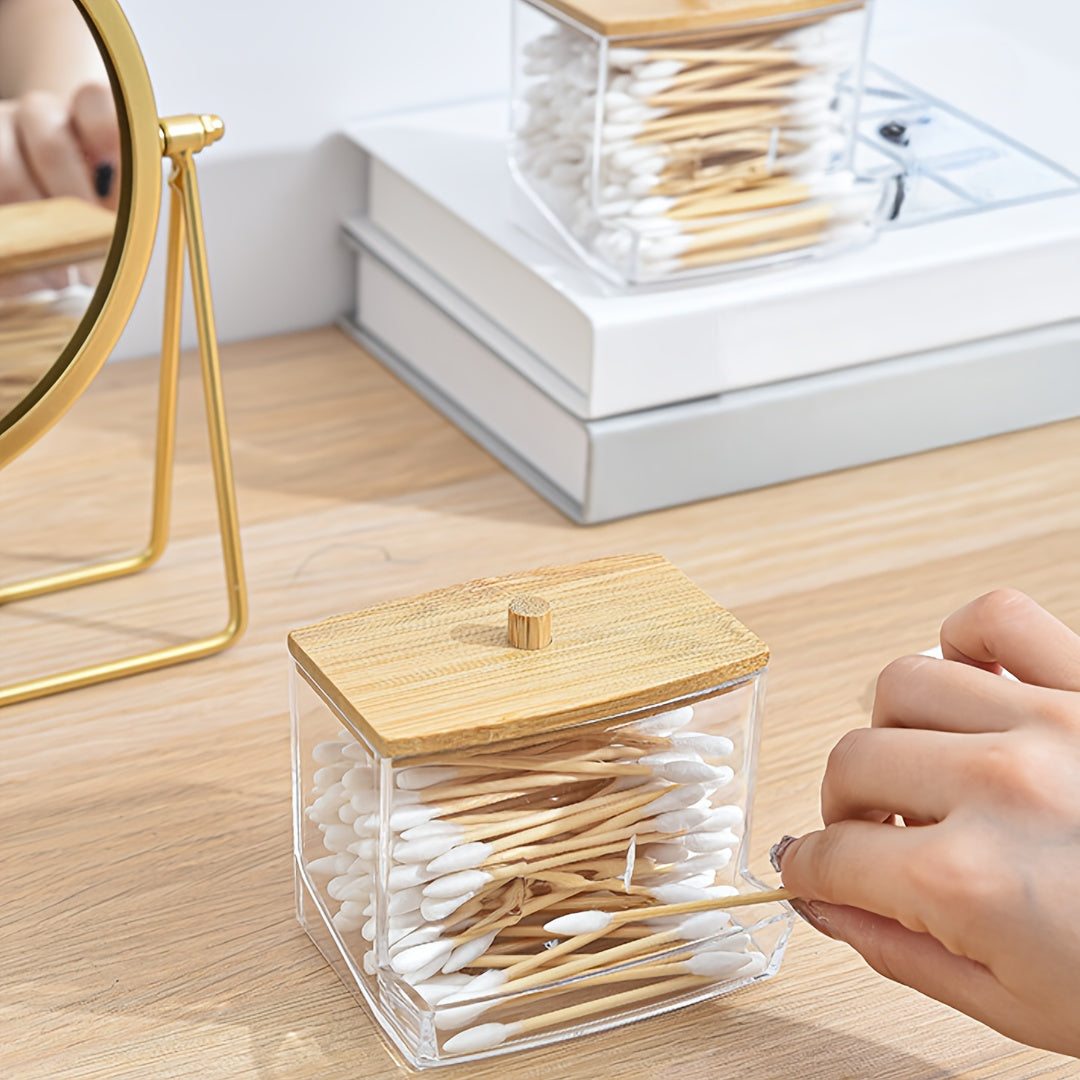 Caja de almacenamiento para baño de acrílico con tapa de bambú o plástico para cosméticos y accesorios