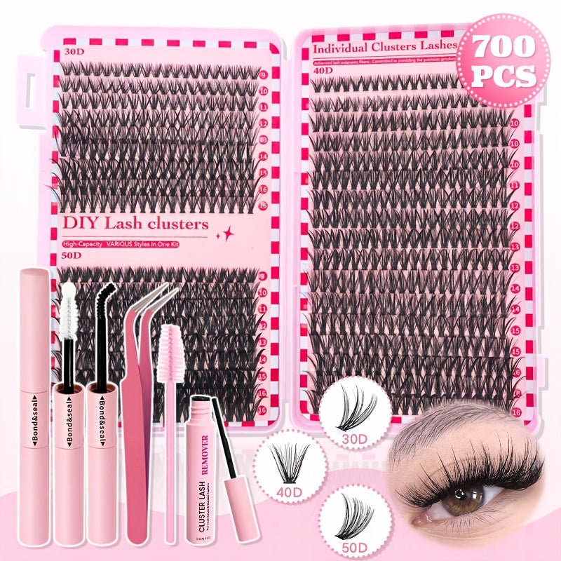 700-Piece DIY Eyelash Extension Kit with Reusable 2-in-1 Bond Applicator and Mixed D Curl Lashes