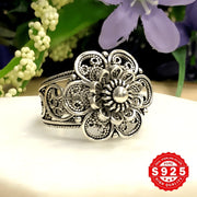 Sterling Silver Daisy Flower Ring with Filigree Details and Oxidized Finish
