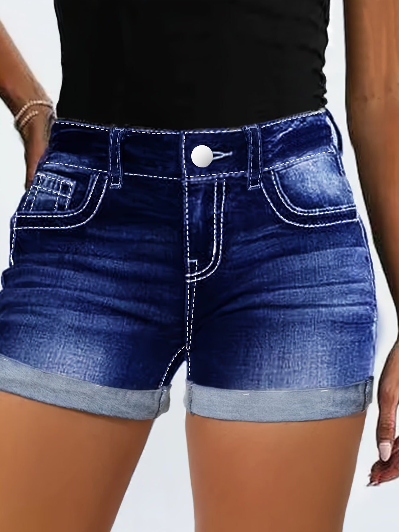 Women's Plus Size Blue Denim Shorts Cuffed Hem Embroidered Wings