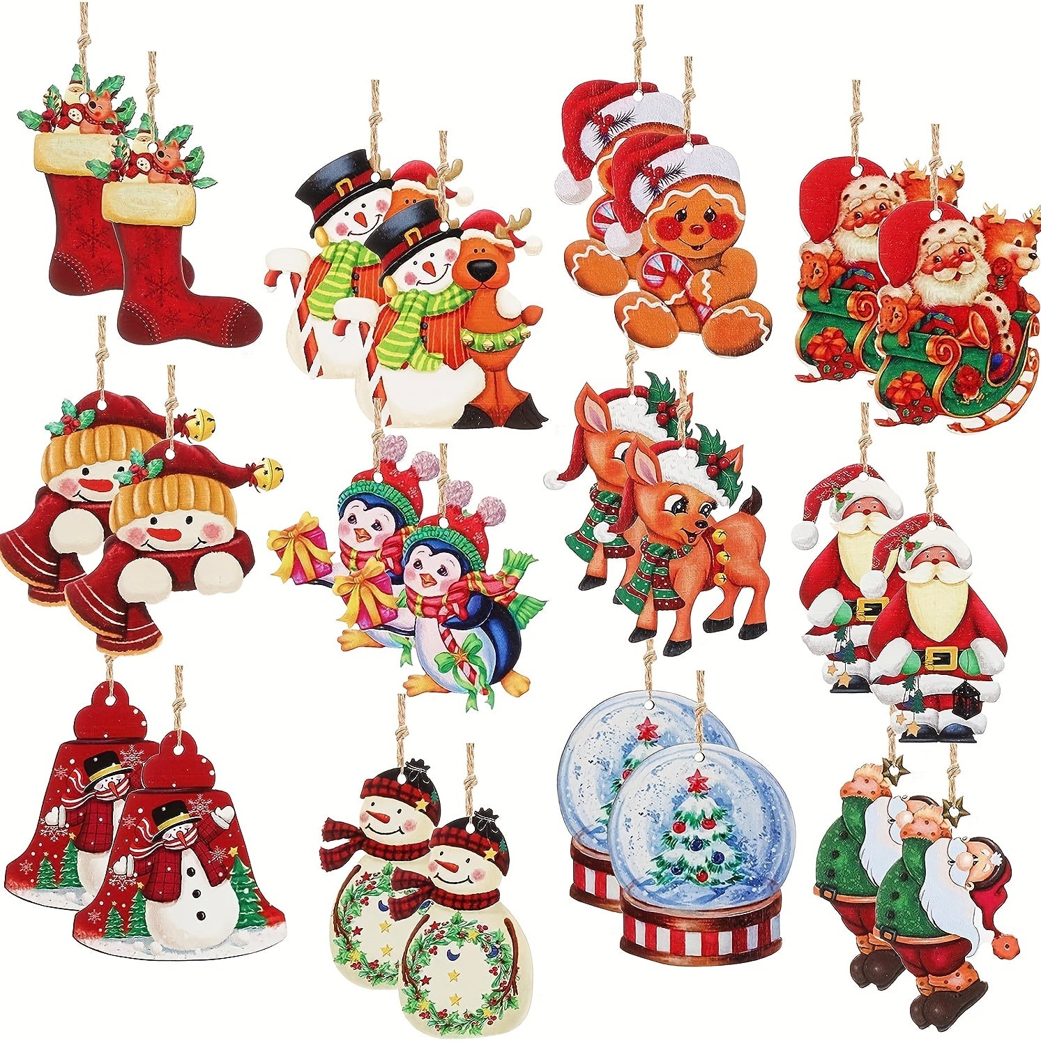 Set of 24 Farmhouse Style Wooden Christmas Ornaments with Santa Snowman Vintage Designs
