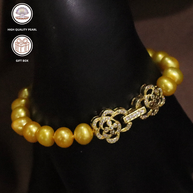 Gold Tone Jewelry Set with Pearl Necklace Bracelet Earrings and Ring