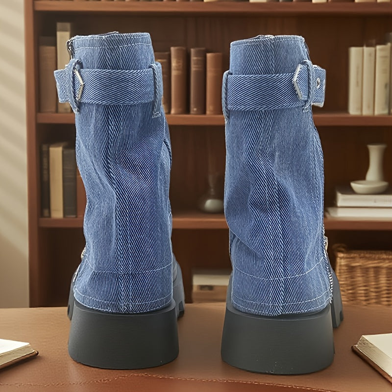 Women's Denim Mid-Calf Boots with Chunky Heel Rubber Sole Winter Comfort