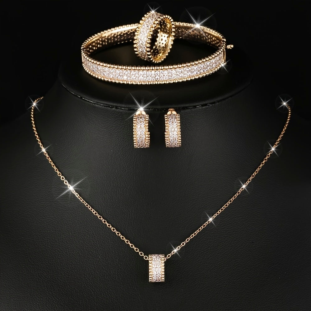 Women's Gold Plated Copper Jewelry Set with Synthetic Zirconia Necklace Earrings Bracelet Ring