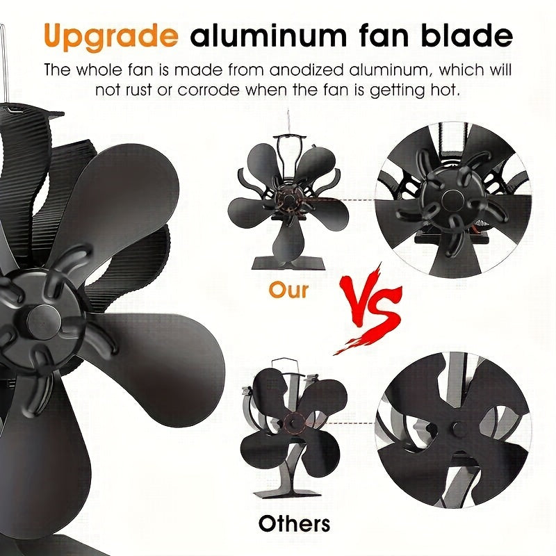 Aluminum Wood Burning Stove Fan with Polished 5-Blade High-Speed Air Circulation