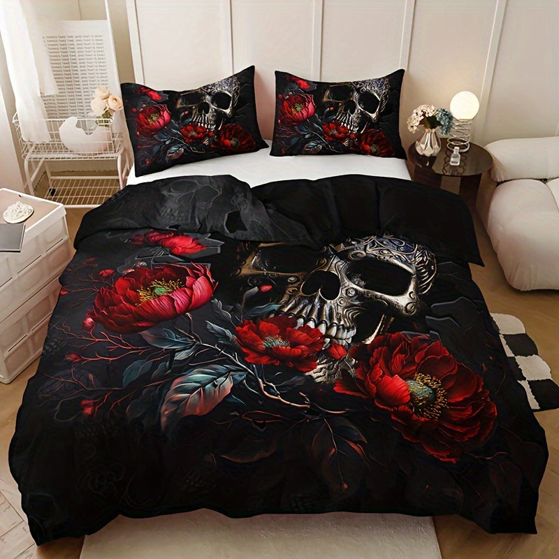 Gothic Skull Floral Duvet Cover Set 3 Pieces Breathable Bedding for Home and Dorm